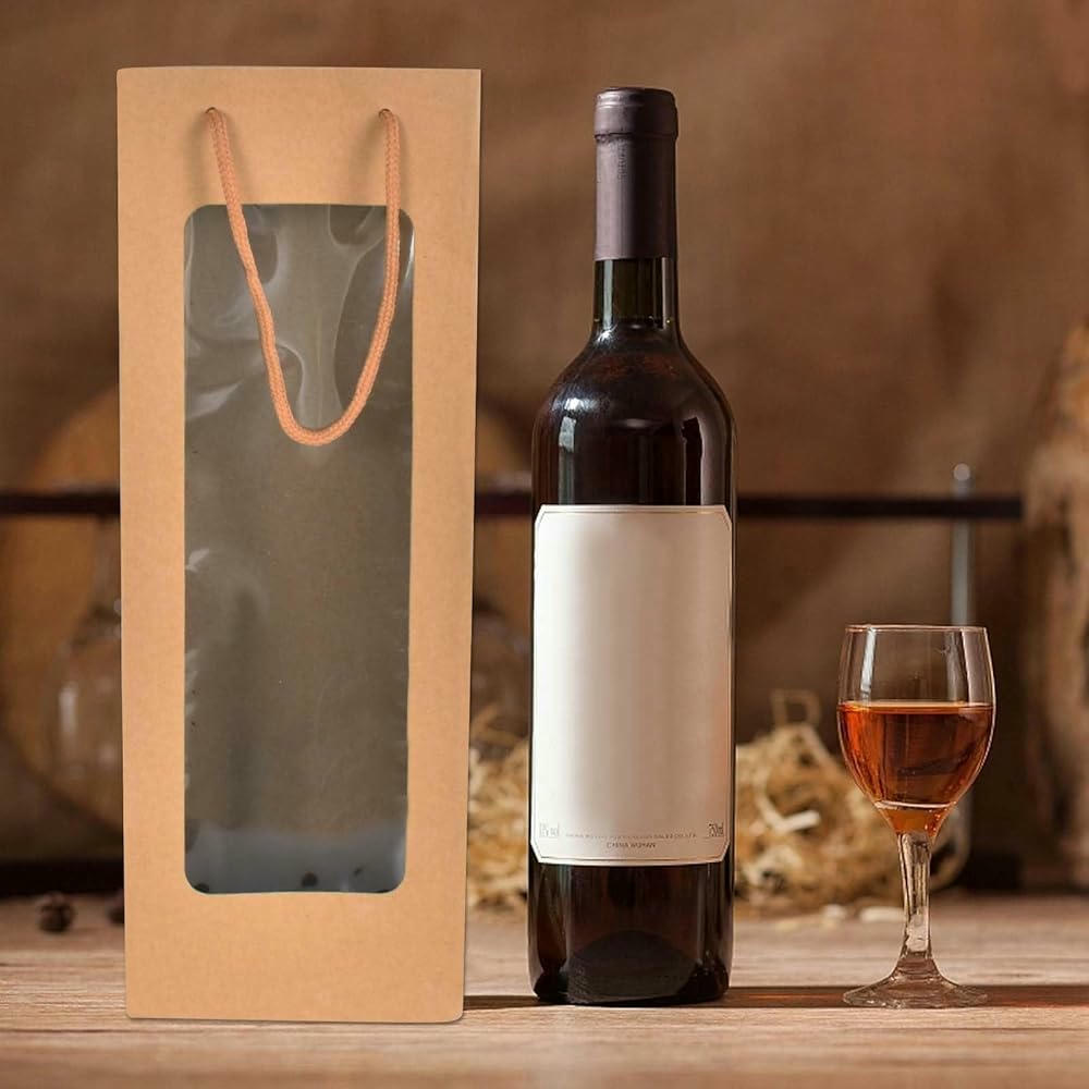 Bolsas de Vino de Papel Kraft Premium con Asas - 12 Piezas, Embalaje para Botellas, Ideal para Navidad, Bodas y Fiestas, Color Marrón