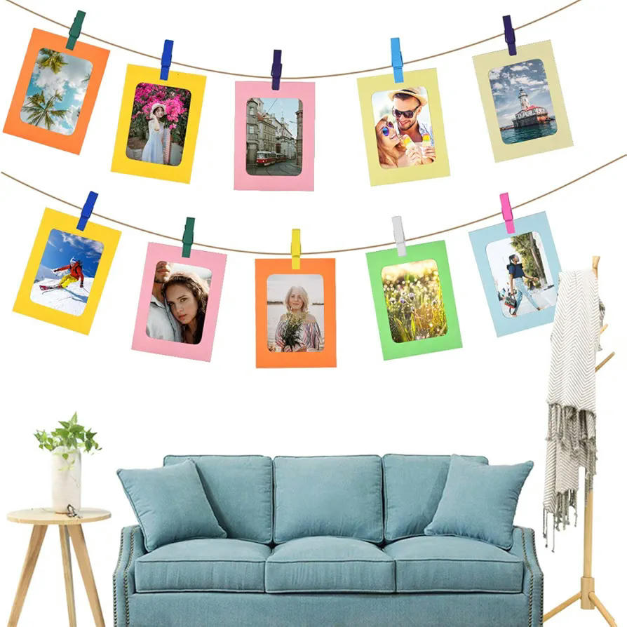 30 marcos de fotos de papel colorido con clips y cuerdas, marco para fotos de cartón de 15 x 11 cm, paquete completo para decoración (multicolor)