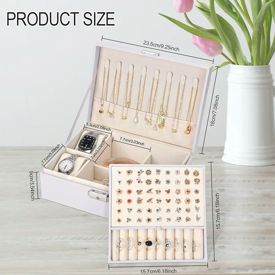 Joyero para Mujer, Caja Organizadora de 2 Capas con Almohadillas para Relojes, Cuero de PU, Joyero de Viaje para Aretes, Anillos, Collares y Pulseras, Color Azul