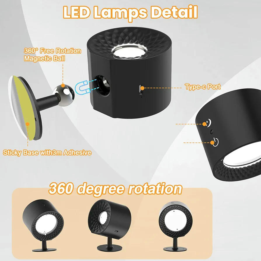 Paquete de 2 Lámparas de pared LED recargables, luces magnéticas, modelo multifuncional con 3 niveles de brillo y 3 colores, 360 grados giratorio, ideal para interiores