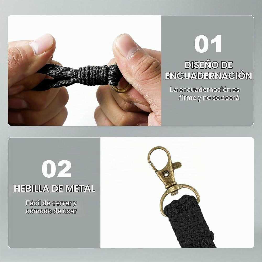 Llavero Pulsera Trenzada Hecho a Mano, Con Anilla en D Transparente, Set de 3 Colores (Blanco, Verde, Negro)