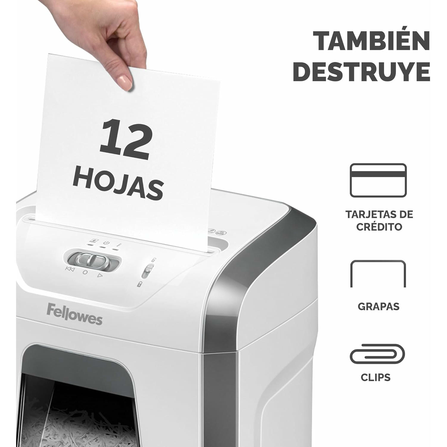 Fellowes FS-12C - Trituradora de Papel, Corte en partículas, destruye hasta 12 Hojas, destructora de Papel Uso Personal, Papelera 19L, Nivel de Seguridad DIN-P4, Exclusiva de Amazon