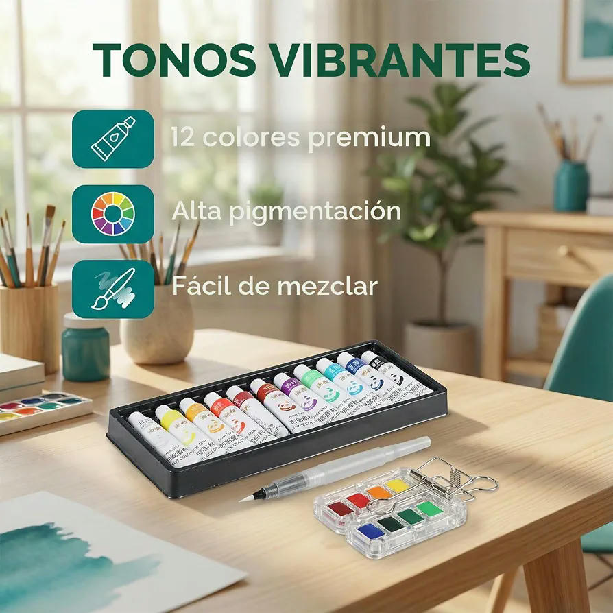 Set Portátil de Acuarelas de Viaje con 12 Colores, Paleta, Pincel y Mini Cuaderno 8 x 8 cm