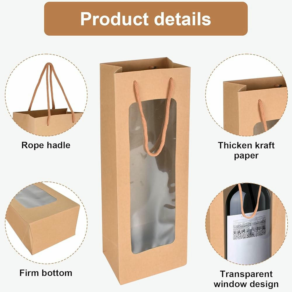 Bolsas de Vino de Papel Kraft Premium con Asas - 12 Piezas, Embalaje para Botellas, Ideal para Navidad, Bodas y Fiestas, Color Marrón
