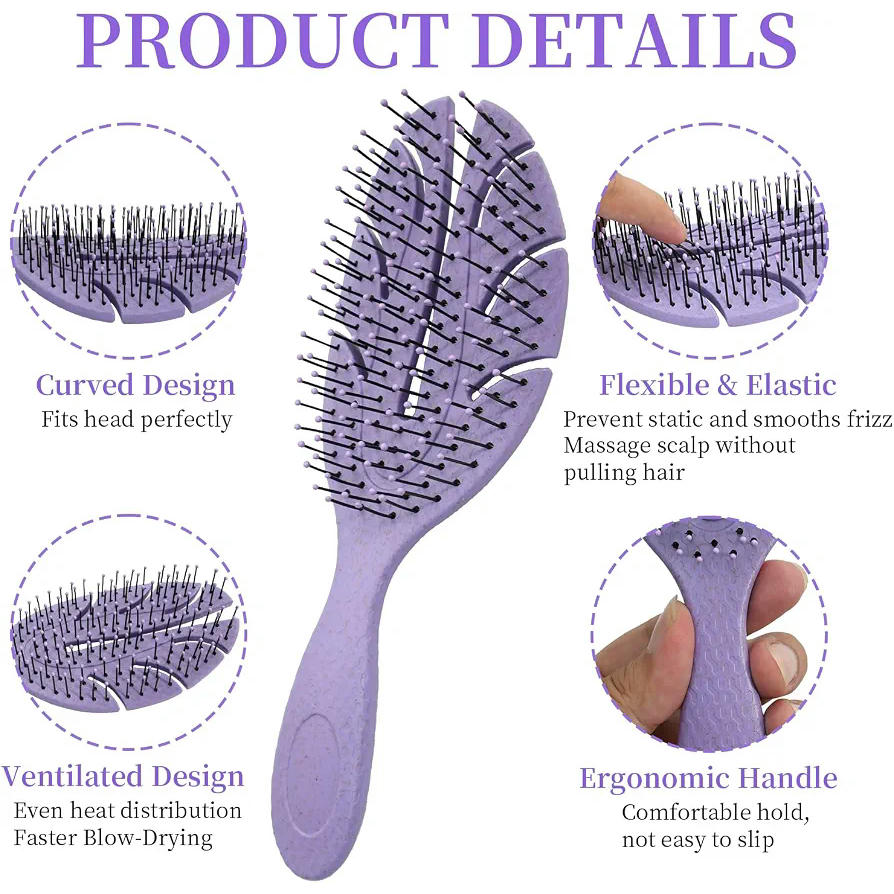 Cepillo para el cabello de paja de trigo con ventilación y masaje - Antienredos, apto para cabello seco y mojado (Púrpura)