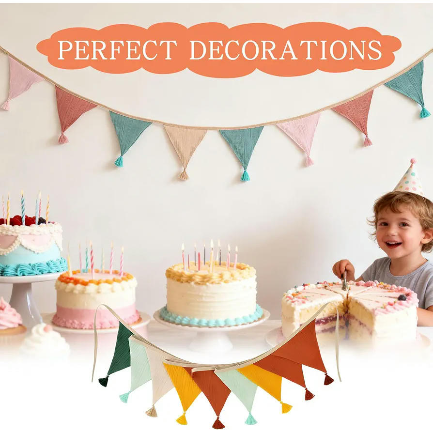 Banderines de fiesta multicolores de algodón, 2 piezas de 2,6 metros, decoración infantil para habitaciones, ideal para bodas, cumpleaños y baby showers