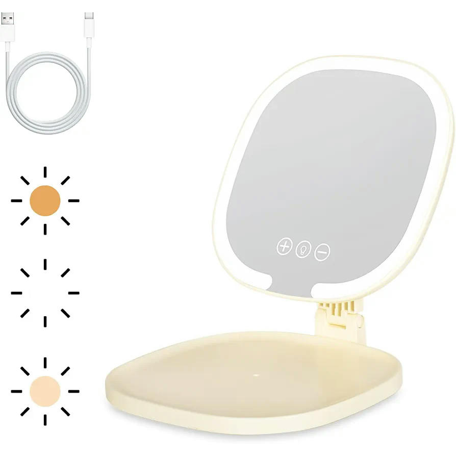 Espejo de Maquillaje Plegable Iluminado Recargable con 3 Colores y Pantalla Táctil para Viajes (Blanco)