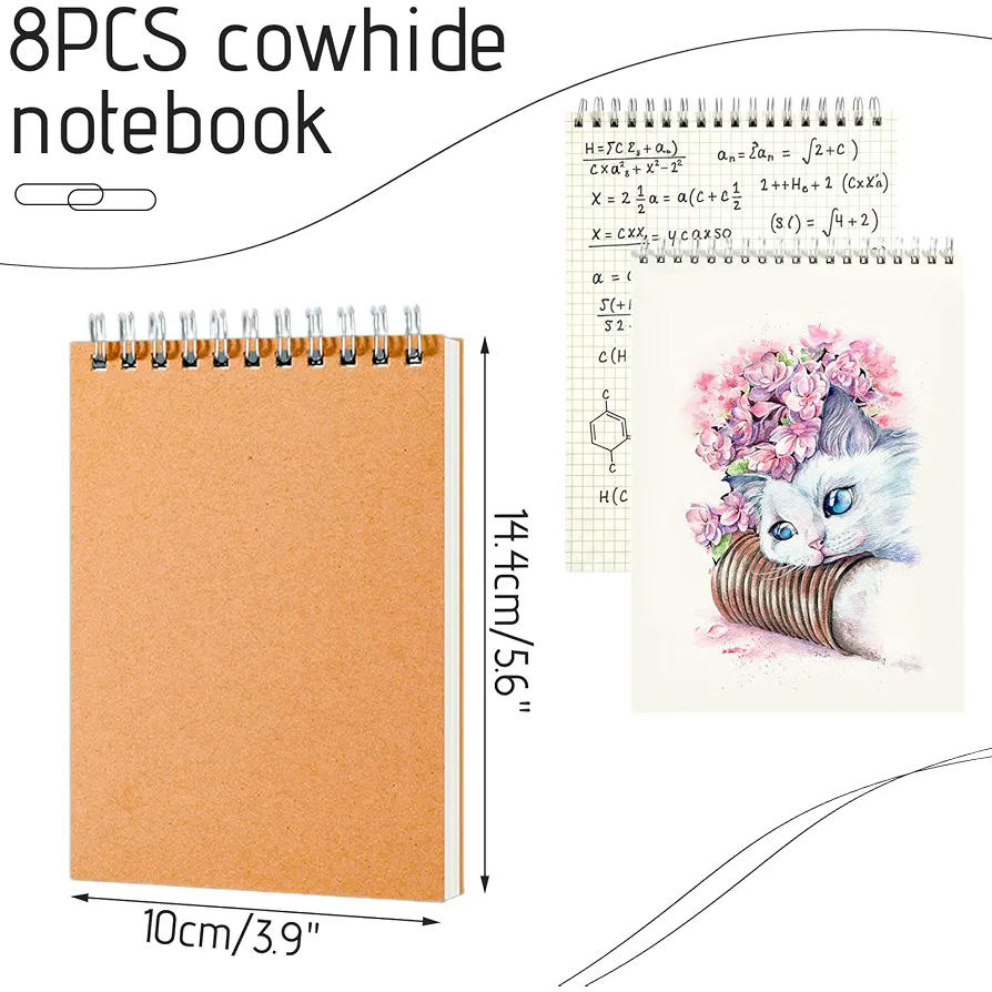 Paquete de 8 Cuadernos - Bloc de Notas A6 con Encuadernación Metálica (14,4 x 10,1 cm) - 4 con cuadricula y 4 en blanco
