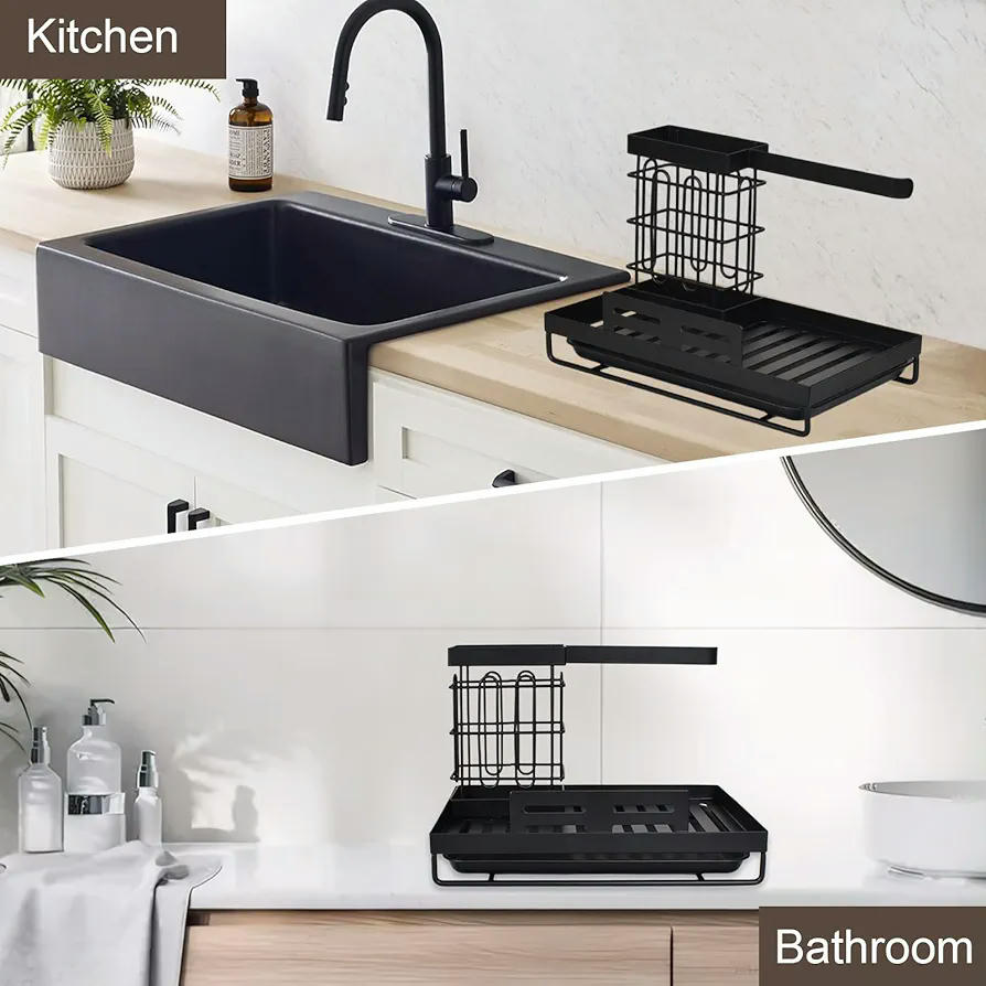 Organizador de fregadero para cocina y baño, portaesponjas y toallero, soporte multiuso con drenaje, acero al carbono, dimensiones 24,6 x 15 x 16 cm
