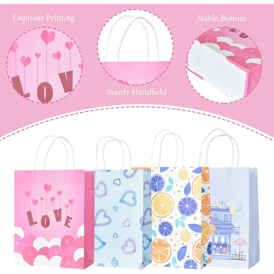 20 Piezas Bolsas de Regalo con Asas en 4 Patrones de Papel Kraft, 21x11x27 cm para Fiestas y Celebraciones (Multicolor)