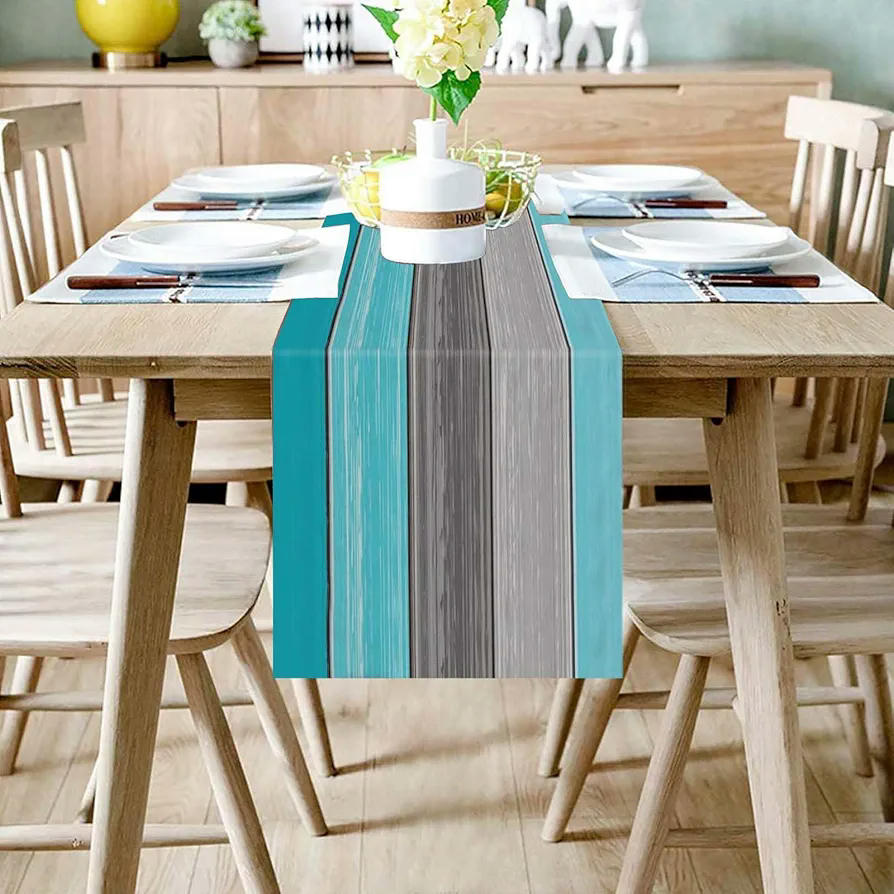 Camino de mesa en lino color verde azulado, diseño moderno y rústico, 33x183 cm, ideal para cafeterías, restaurantes y decoración del hogar