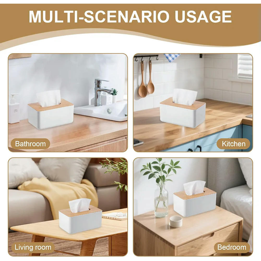 Caja de Pañuelos con Tapa de Madera de Bambú, Dispensador Rectangular para Toallitas 21 x 13 x 10 cm (Blanco)