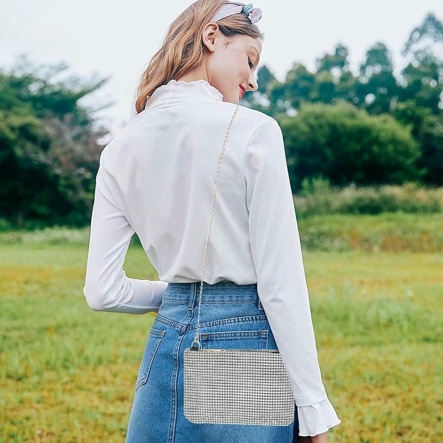 Bossa de Mà Brillant per Dona, Clutch de Nit en Plata, Bossa d'Espatlla i de Cadena, Ideal per Bodes i Esdeveniments, Disseny Modern