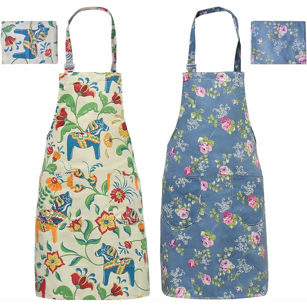 Delantales de Cocina para Mujeres, 2 Piezas, Algodón Floral, Ajustables, con 2 Bolsillos, Ideales para Cocinar, Hornear y Jardinería (Multicolor)