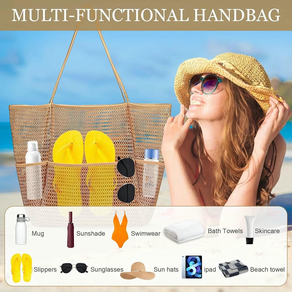 Bolsa Grande de Malla para Mujer con Cremallera y Bolsillos, Ideal para Playa y Compras (Marrón)