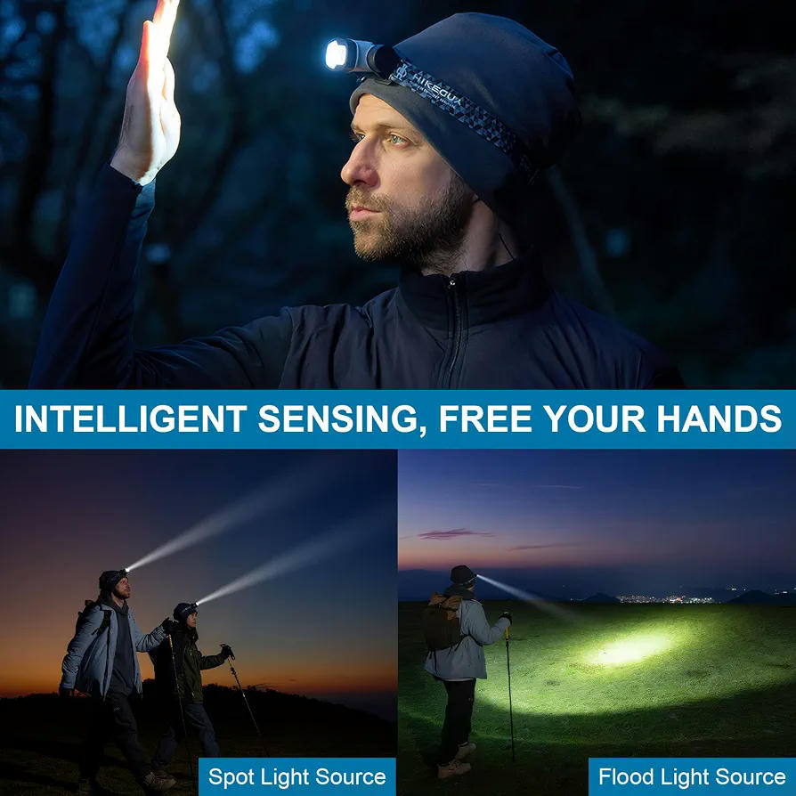 Linterna Frontal LED Recargable USB-C con Sensor de Movimiento y 9 Modos de Iluminación, Batería hasta 70h (Negro)