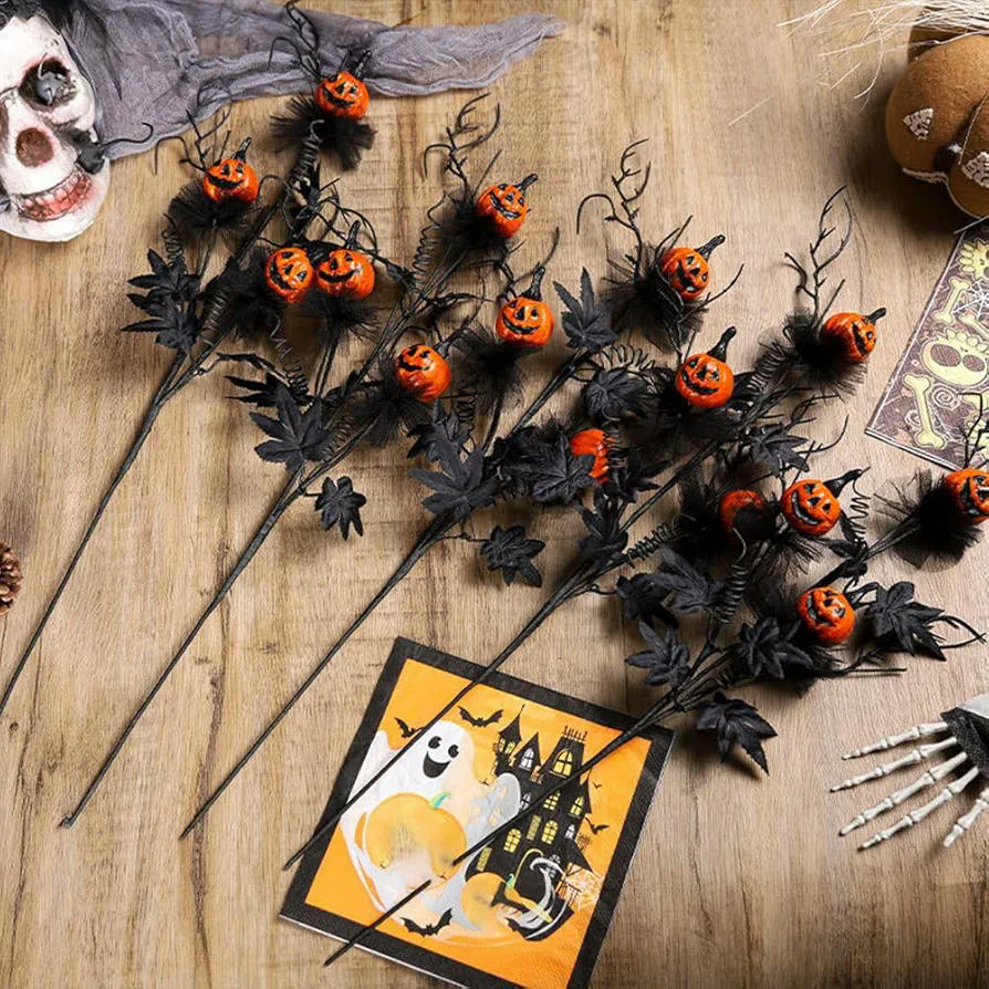 Decoraciones de Halloween, 5 esquejes de calabaza negra, ramo decorativo, ideal para fiestas y ambientaciones