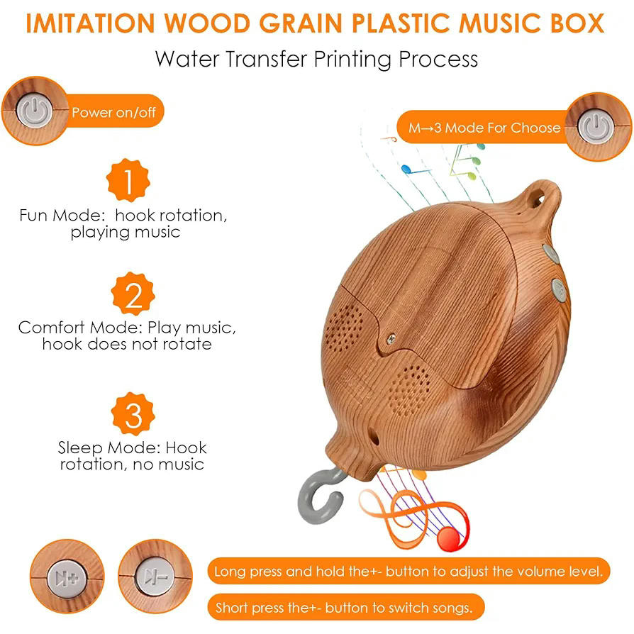Caja Musical para Bebés de Imitación de Madera, Melodías Suaves, Volumen Ajustable, Mecanismo Musical para Móvil, Motor para Cuna