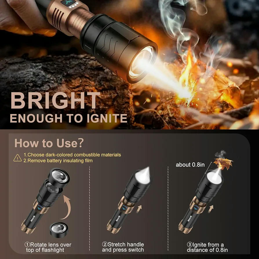 Linterna LED Recargable de Alta Potencia 900000 Lúmenes con Lente de Encendido y 4 Modos de Iluminación