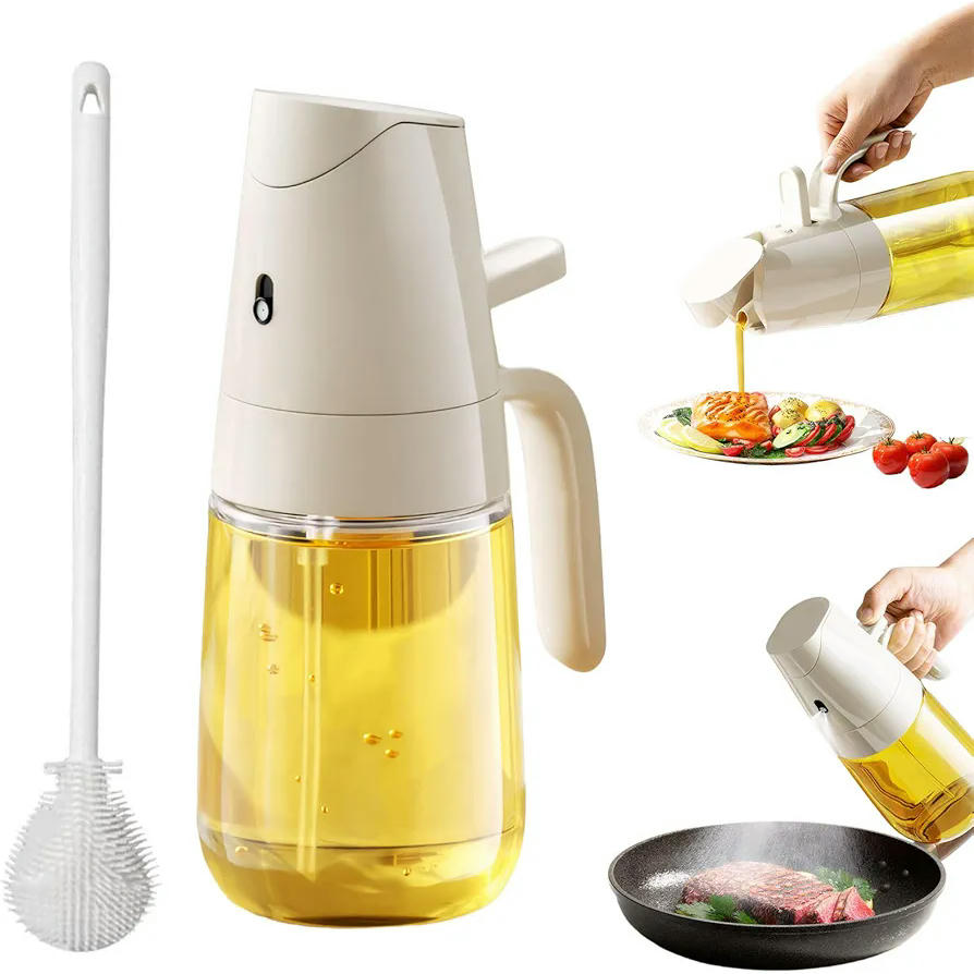 Pulverizador de Aceite 2 en 1 Plegable de 300 ml, Botella de Aceite Multifuncional con Cepillo de Limpieza, Atomizador de Aceite de Vidrio Transparente (Color Beige)