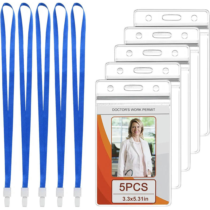 Neck Cord Card Holder, Waterproof, Badge Holder for Identification and Events (Pack of 5, Blue)