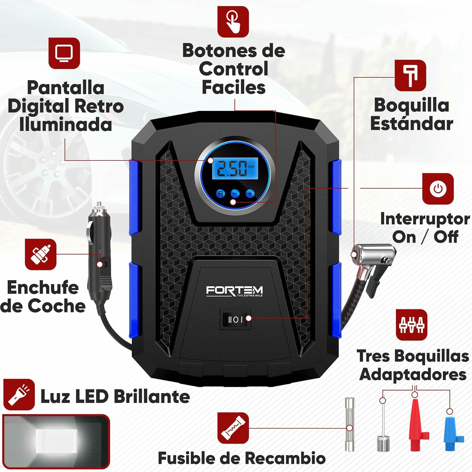 FORTEM Inflador de Ruedas de Coche, Compresor de Aire - Compresor de Aire Portátil para Ruedas de 12 V con Luz LED - Manómetro Digital, Autobombeo, Parada Automática - Bolsa de Transporte (Azul)
