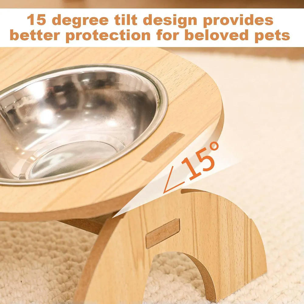 Comedero Elevado para Gatos con 2 Cuencos de Acero Inoxidable y Soporte de Madera de 33 cm (Marrón)