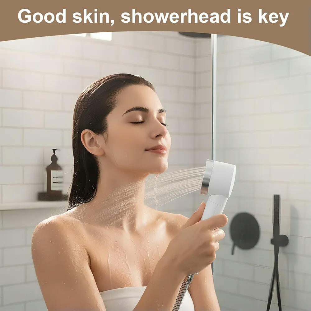 Cabezal de ducha de mano con filtro, ahorro de agua, alta presión, ducha de lluvia, material ABS, superficie cromada, fácil limpieza, diseño ergonómico (Blanco)
