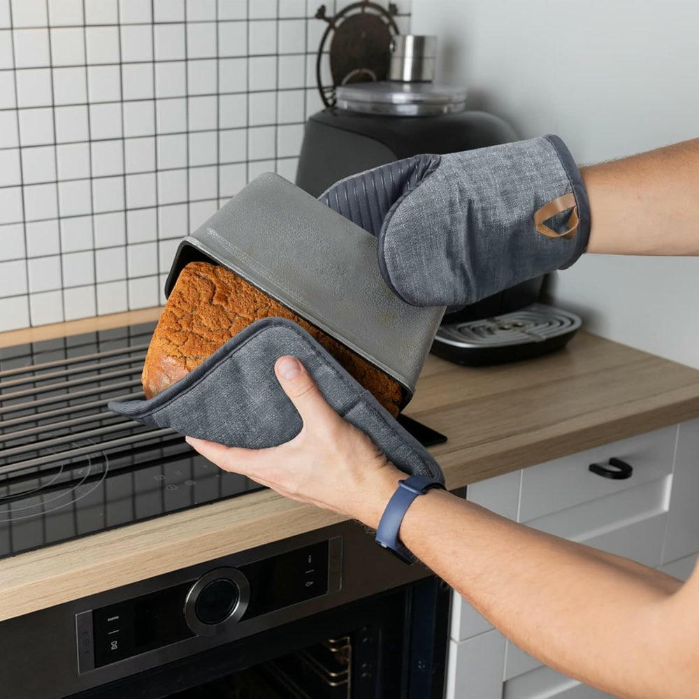 Juego de 4 Guantes de Horno y Soportes para Ollas, Guantes Resistentes al Calor, Manoplas Antideslizantes para Cocinar y Hornear - Gris