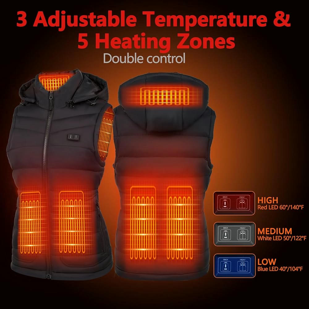 Chaleco calefactable mujer, modelo con capucha, 5 zonas de calefacción, batería de 7.4V 16000mAh, ideal para actividades al aire libre, Talla L
