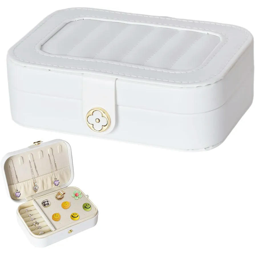 Joyero Organizador para Mujer de Cuero PU, 2 Capas y Forro de Terciopelo, Blanco