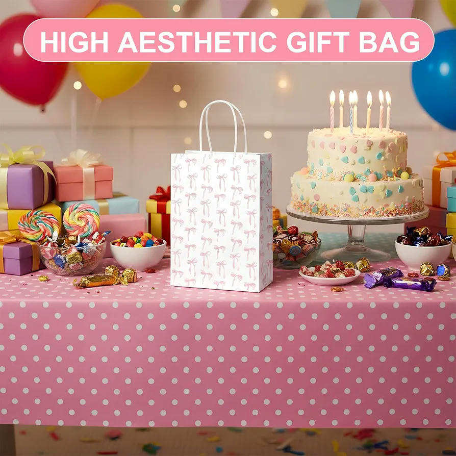 10 bolsas de papel de regalo con lazo rosa, 15 x 21 x 8 cm, reutilizables con asa para fiestas y ocasiones especiales