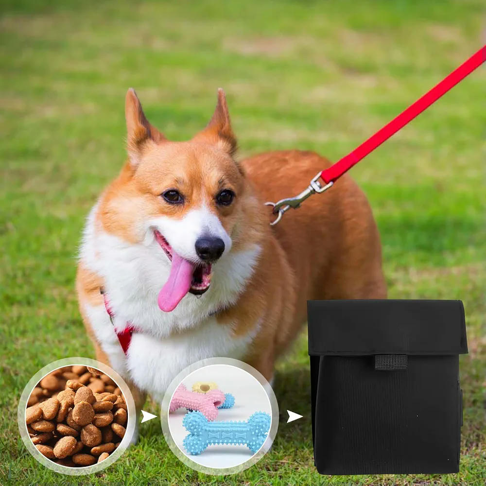Bolsa de premios para perros, modelo multifuncional con clicker de entrenamiento, tela Oxford, color negro, con cinturón ajustable, ideal para paseos y entrenamiento