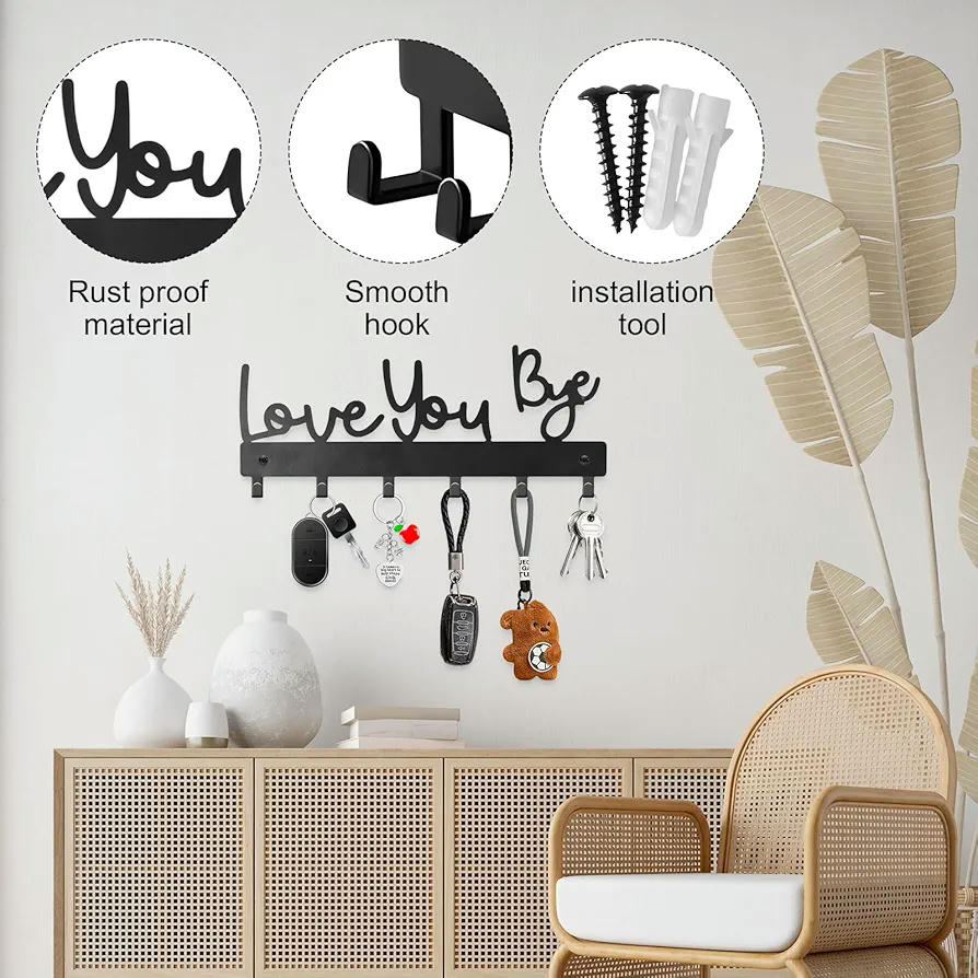 Colgador de llaves de pared con texto "Love You Bye", gancho con 6 anclajes, ideal para cocina, entrada, pasillo, oficina y dormitorio (Negro)