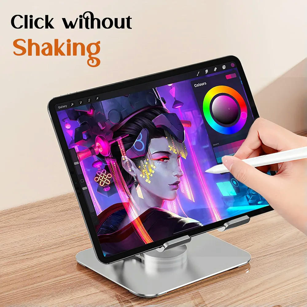 Soporte de Tablet Ajustable y Plegable de Aluminio, Giratorio 360 Grados con Base Antideslizante, Accesorio de Escritorio Universal para Tablets y Teléfonos