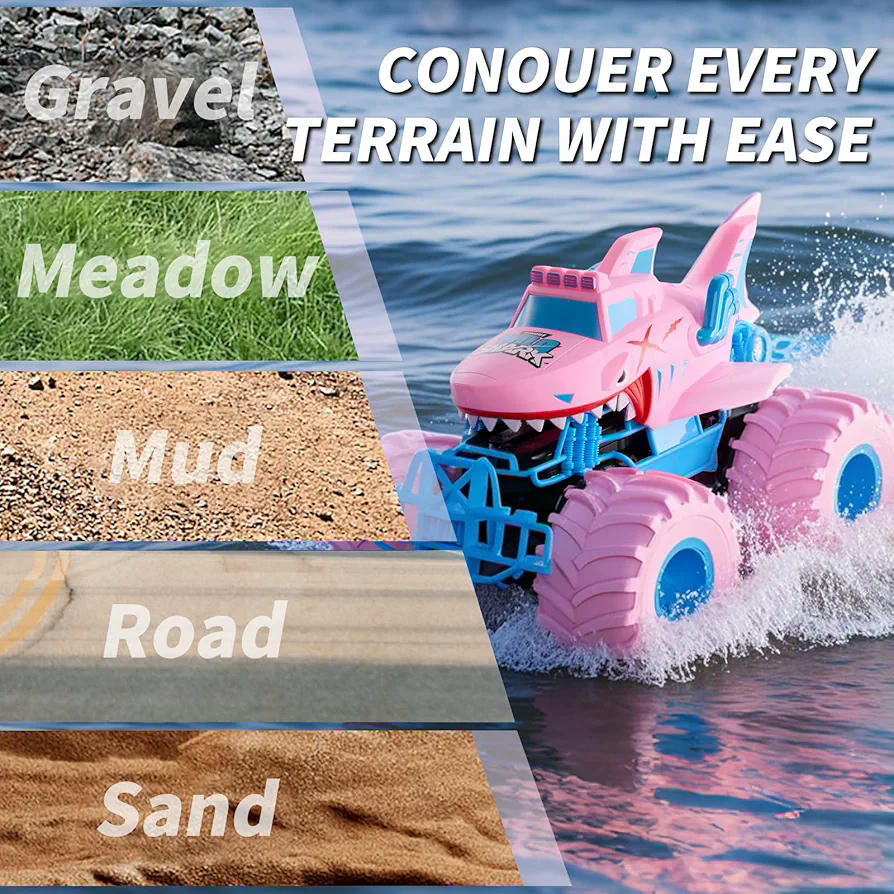 Coche teledirigido anfibio rosa en forma de tiburón para niños y niñas de 4 a 12 años, 4WD