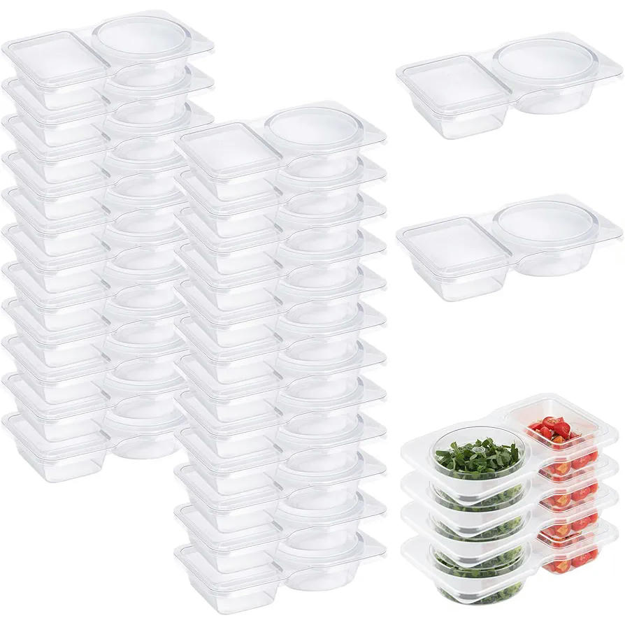 Vasos de plástico para salsa, pack de 30 unidades, doble compartimento de 130 ml, recipientes reutilizables para salsas, sopas y cremas (transparente)