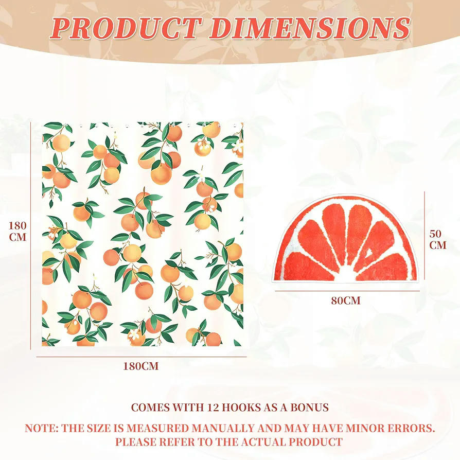 Set de Baño con Cortina de Ducha (180 x 180 cm) y Alfombra Antideslizante (50 x 80 cm) en Diseño de Cítricos Naranjas