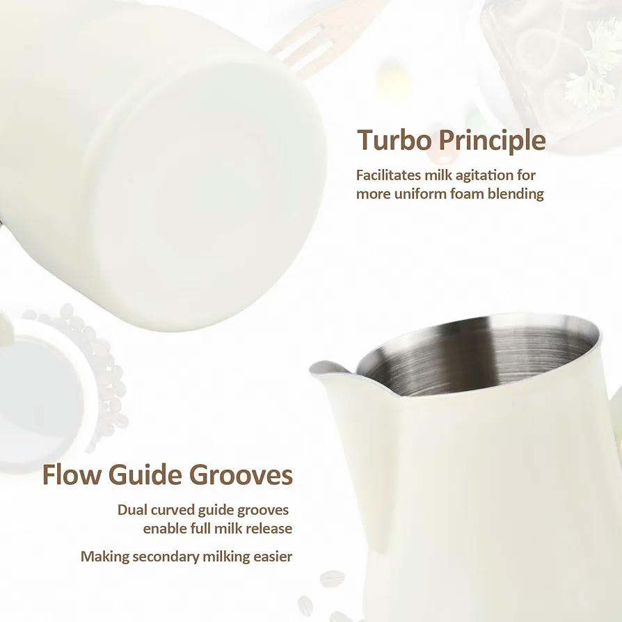 Jarra de Leche Barista 350 ml, Jarra Espumador de Leche de Acero Inoxidable, Ideal para Latte Art (Blanco)