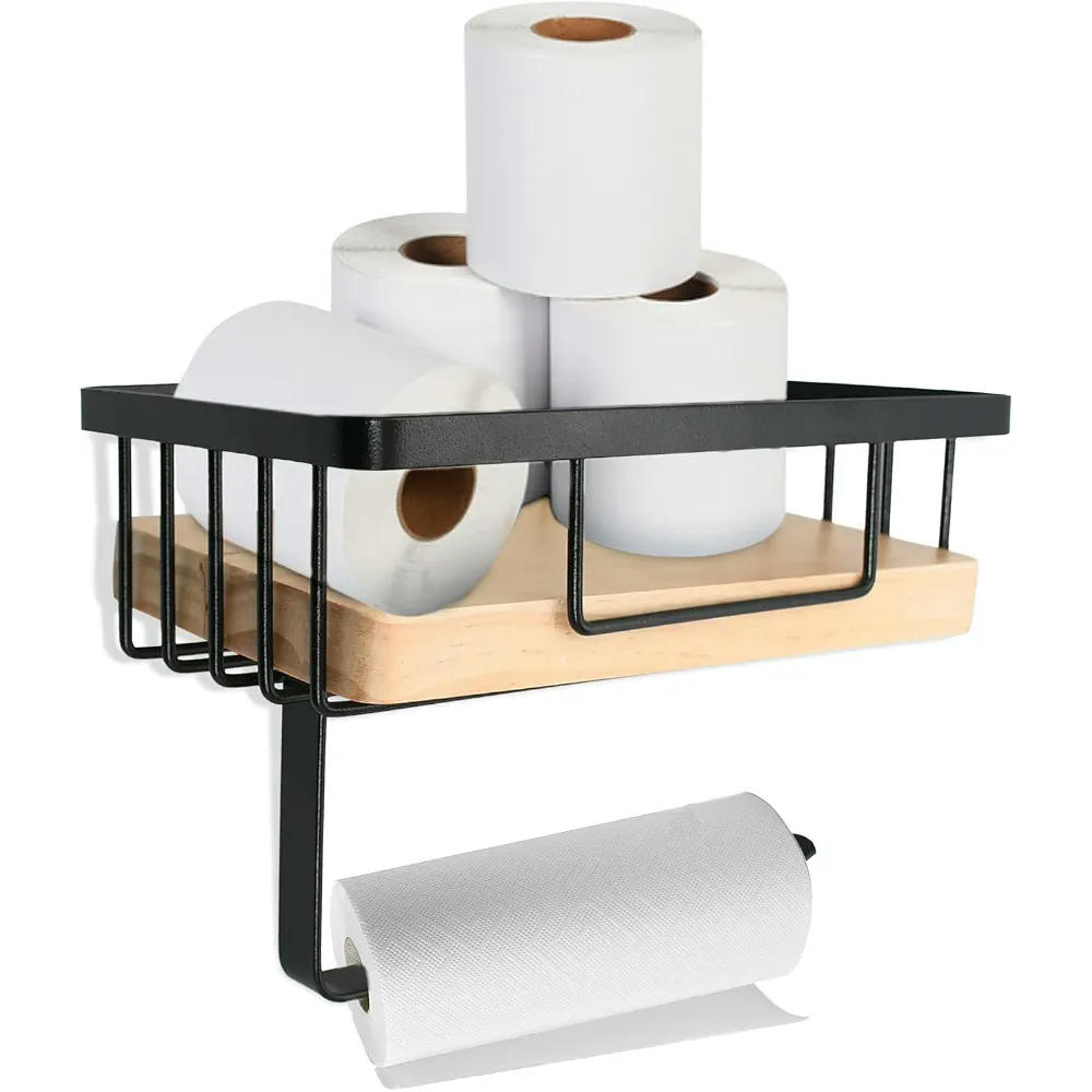 Portarrollos de papel higiénico con estante de madera y metal, montaje en pared sin taladrar (Negro)