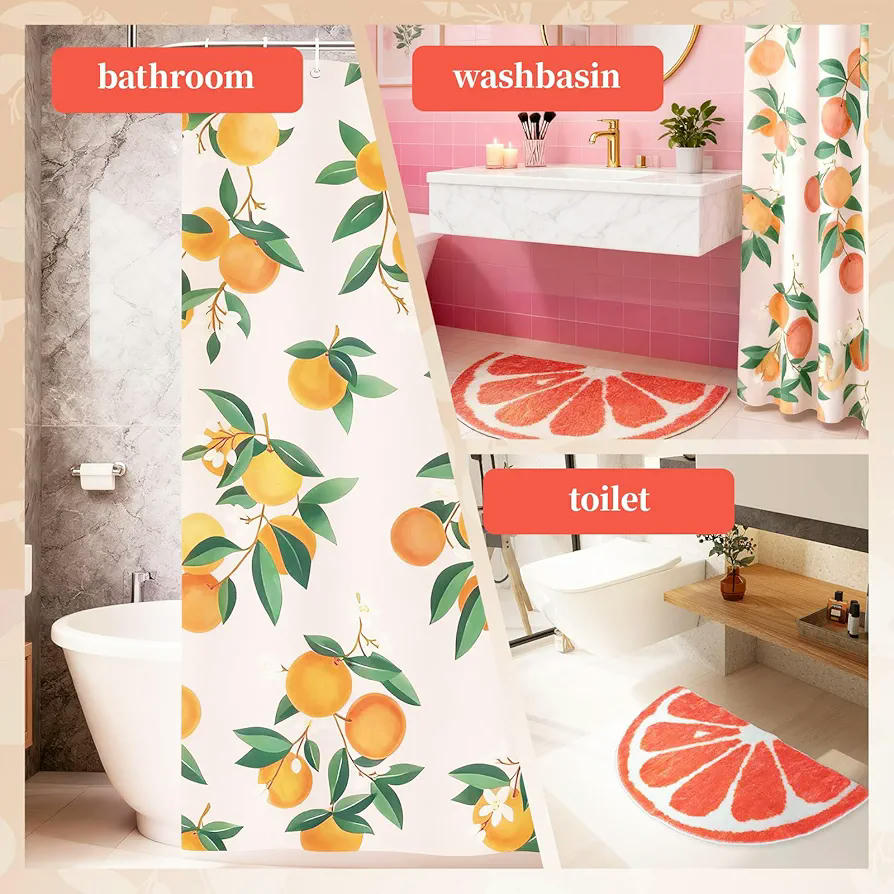 Set de Baño con Cortina de Ducha (180 x 180 cm) y Alfombra Antideslizante (50 x 80 cm) en Diseño de Cítricos Naranjas