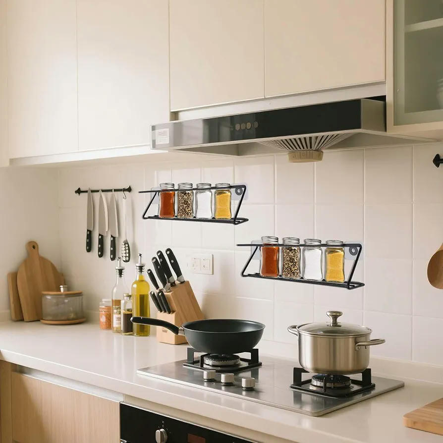 Especiero de Pared Metálico, Organizador de Especias para Cocina y Baño, Set de 4 Piezas, Instalación Sin Taladro, Almacenamiento Eficiente de Condimentos (Negro)