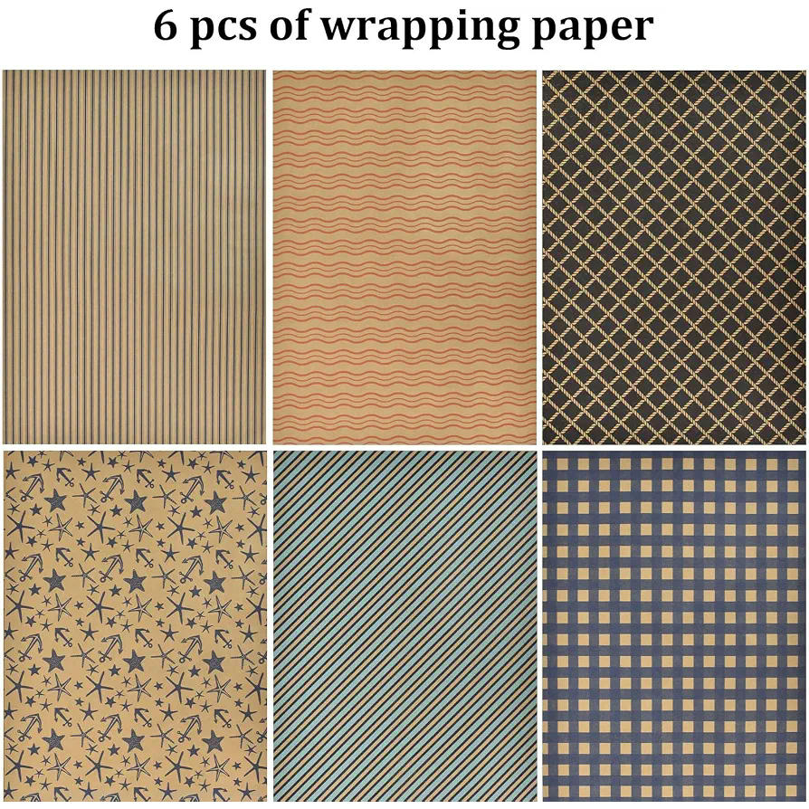 Papel de Regalo Kraft Reciclable con Cintas y Etiquetas, 6 Hojas 50x70cm, Ideal para Diversas Ocasiones (Multicolor)