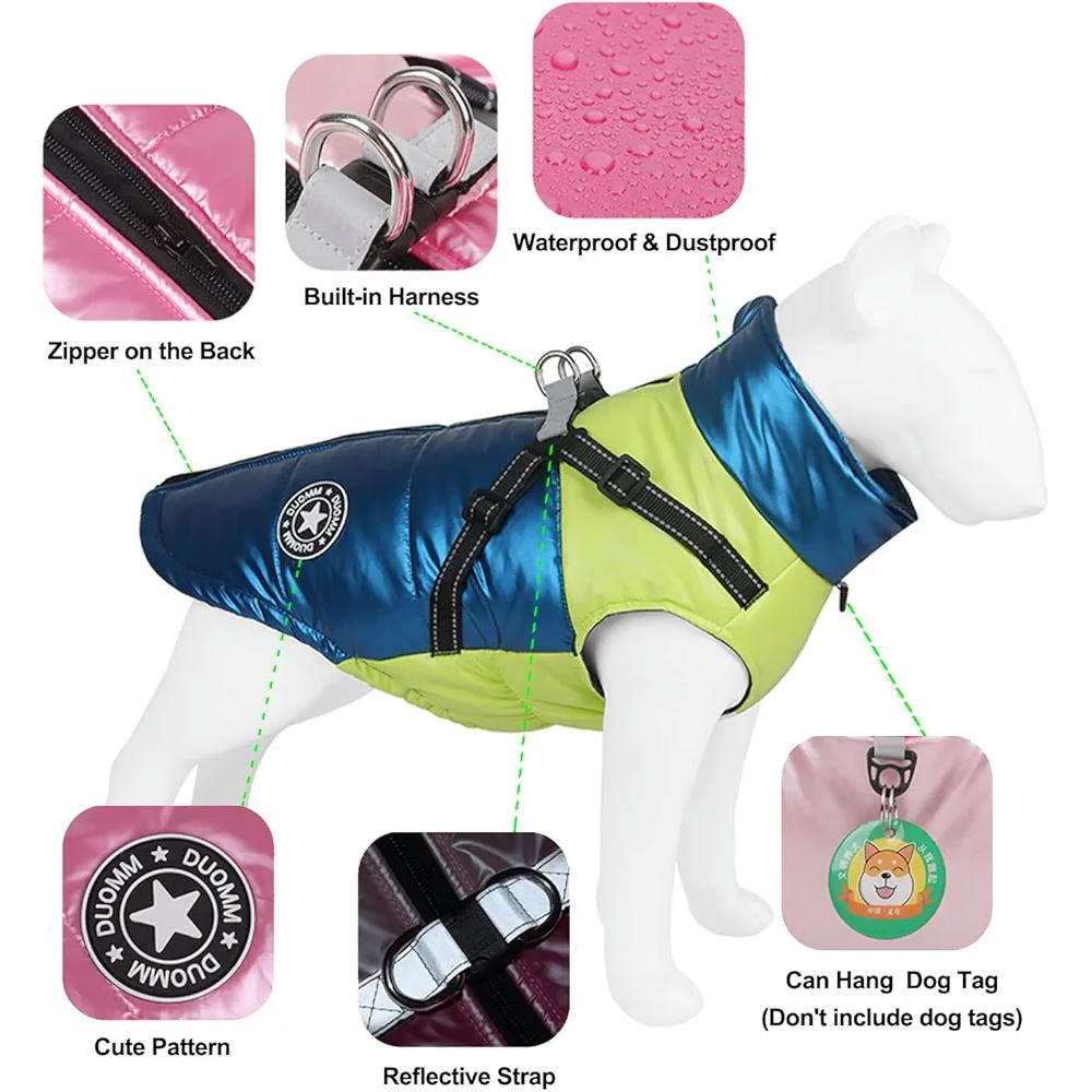 Abrigo para perro con arnés, chaqueta impermeable, chaleco reflectante ajustable para perros, modelo XL, azul, adecuado para clima frío