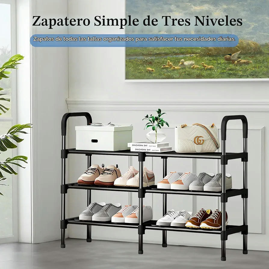 Zapatero de Metal de 3 Niveles - Estantería Compacta para 32 Pares, 90 x 62 x 26 cm (Negro)