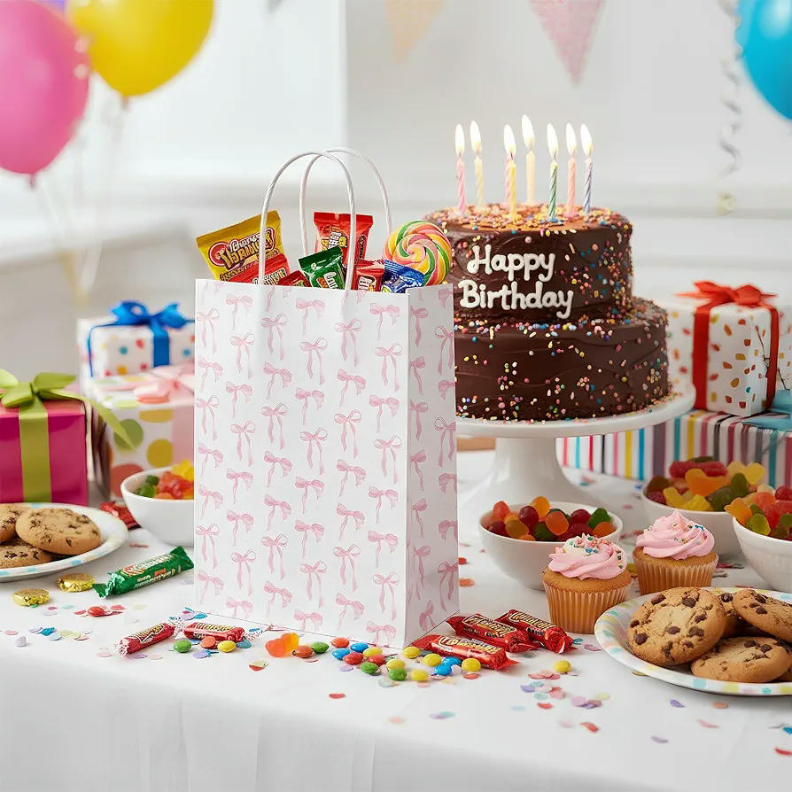 10 bolsas de papel de regalo con lazo rosa, 15 x 21 x 8 cm, reutilizables con asa para fiestas y ocasiones especiales