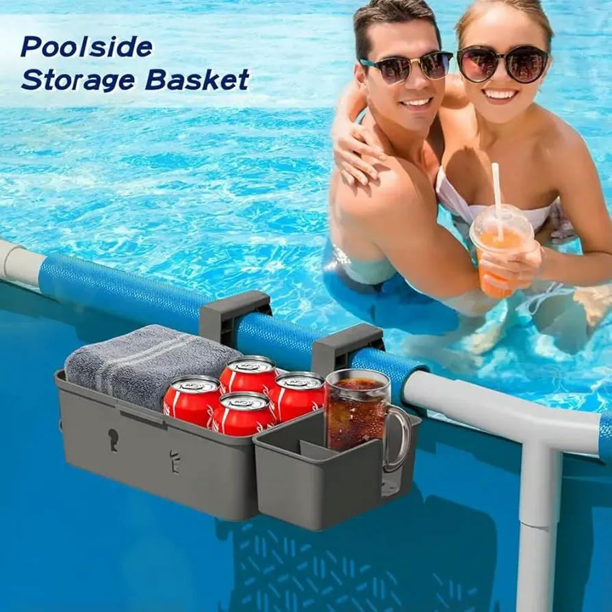 Bandeja de almacenamiento, accesorios portables para piscinas elevadas, con portavasos, color gris