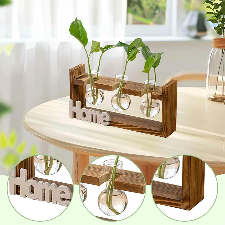 Estación de Propagación para Plantas, Jarrón Hidropónico de Vidrio, Soporte de Madera Natural, Decoración de Oficina y Hogar (Marrón)