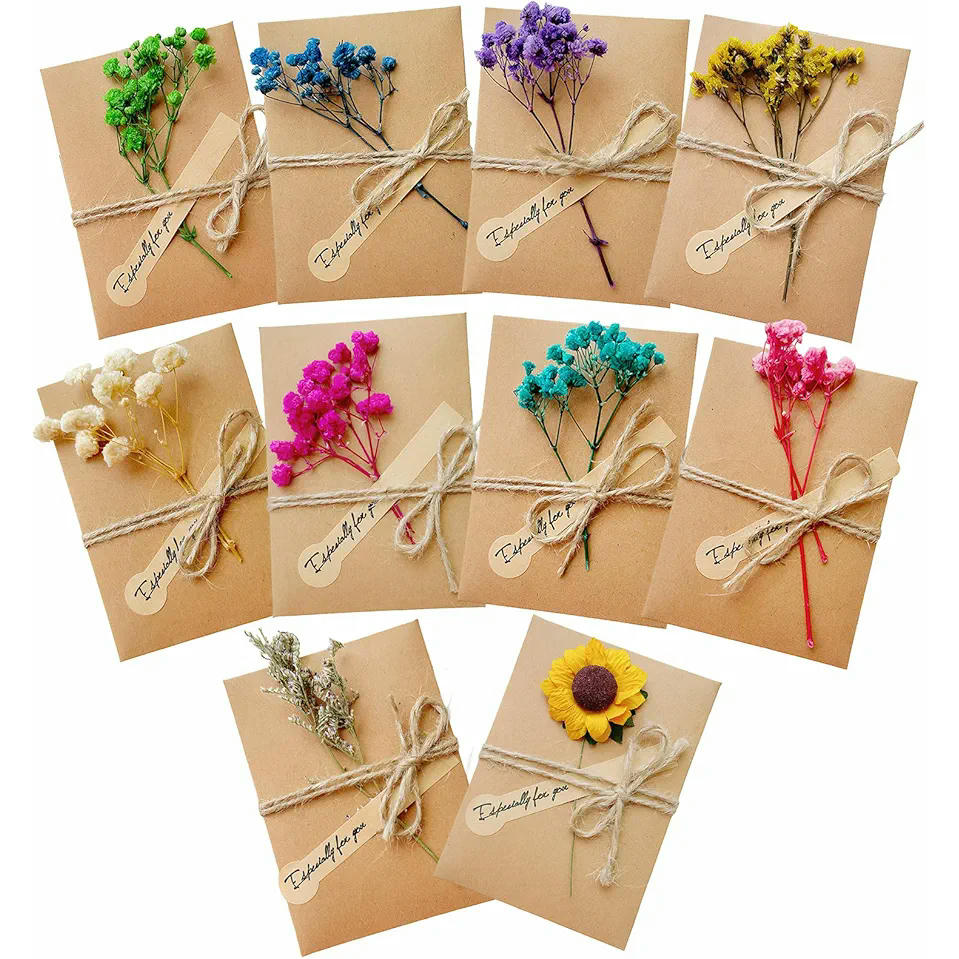 10 Tarjetas de Felicitación con Flores Secas Multicolores y Sobres Marrones para Todas las Ocasiones