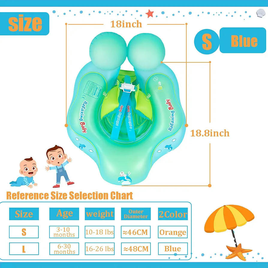 Flotador Inflable para Bebés con Asiento de Seguridad y Respaldo, Ideal para 6 a 12 Meses (Azul Verde Turquesa)